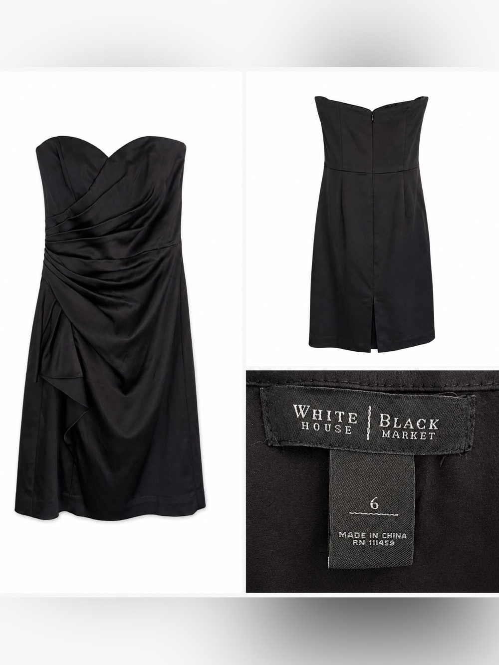 White House Black Market Black Strapless Sweetheart Draped Dress Size 6